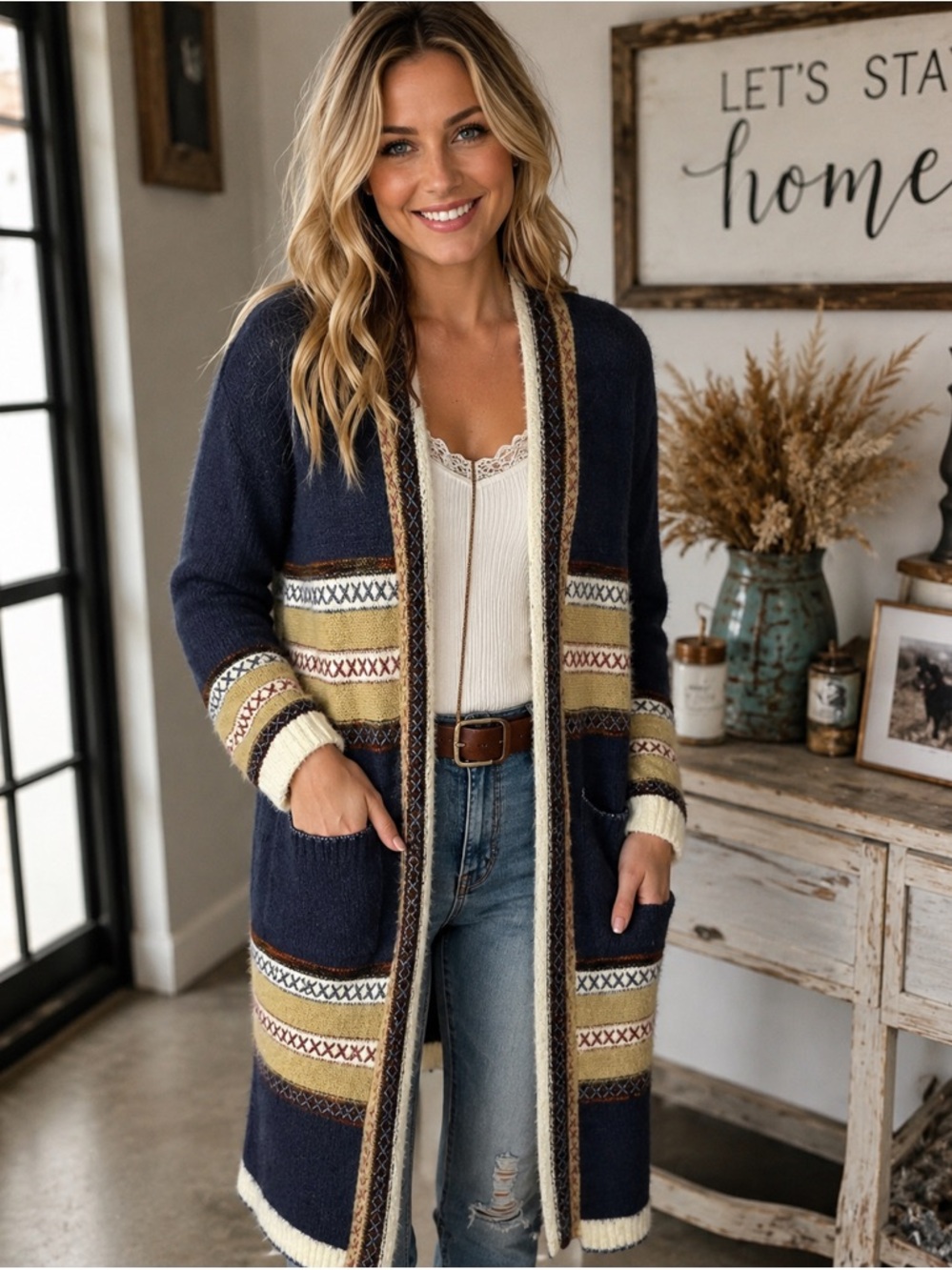 Janice Apparel Southwestern Boho Navy Longline Open Front Cardigan Sweater